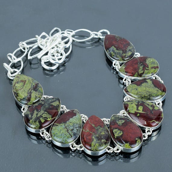 Handmade Dragon Bloodstone 925 Sterling Silver Necklace - Vintage Gemstone Jewelry