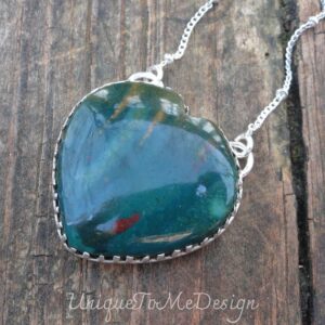 Handmade Bloodstone Heart Necklace: Sterling Silver Bobble Chain Handmade Bloodstone Heart Necklace: Sterling Silver Bobble Chain