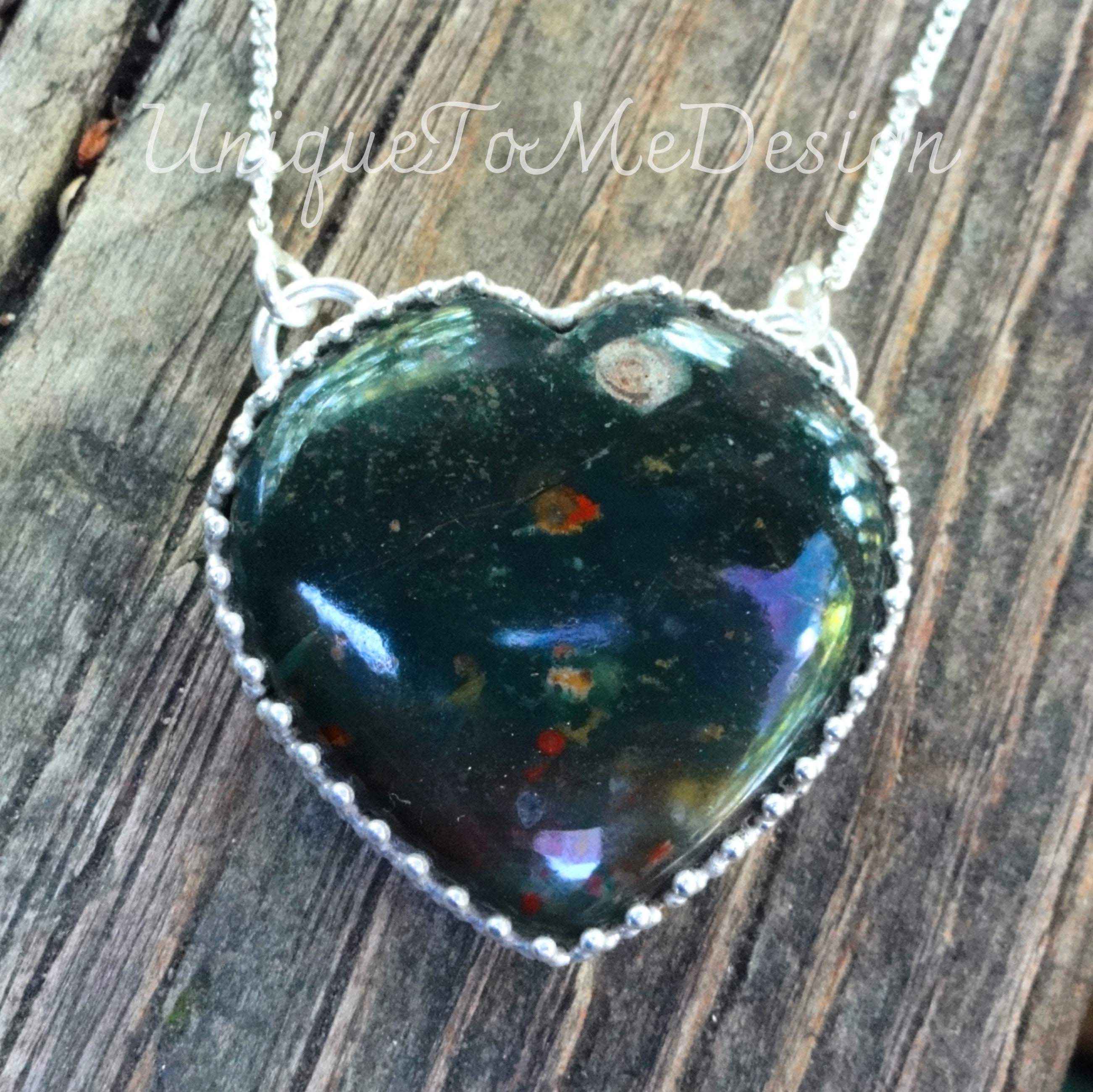 Handmade Sterling Silver Bloodstone Heart Necklace: Natural Stone Bobble Chain