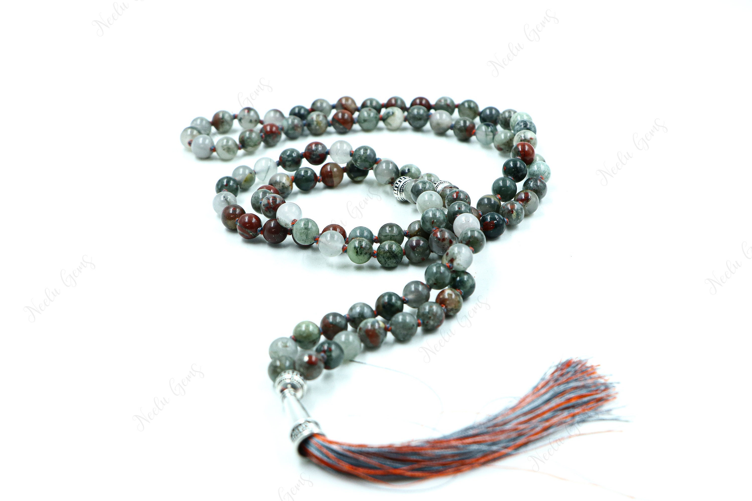 Bloodstone Mala Necklace 108 Beads Hand Knotted, Warrior Stone Of Courage, Root Chakra Vitality, Tassel Necklace, Yoga Meditation Beads