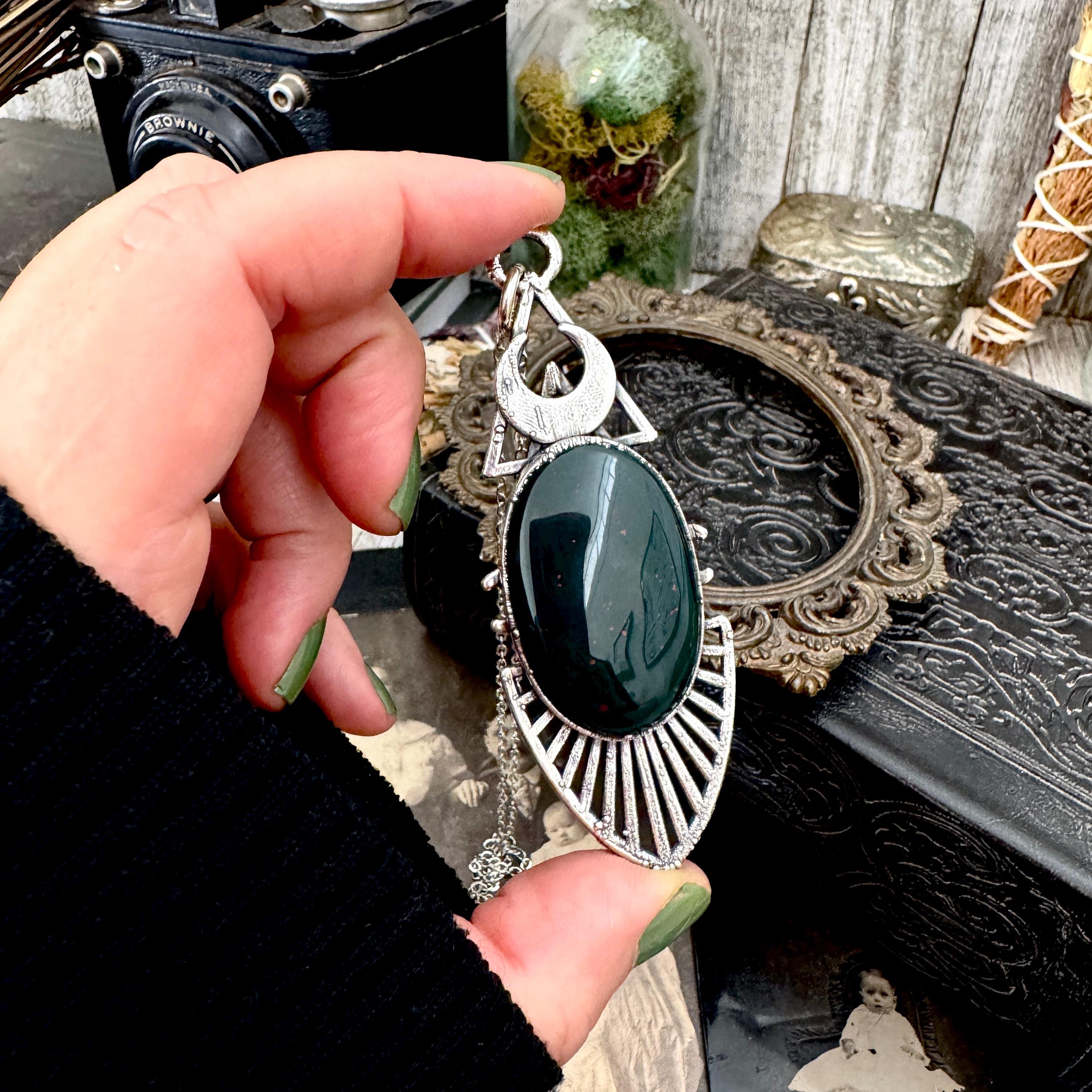 Moss & Moon Collection - Bloodstone Statement Necklace In Fine Silver / One Of A Kind