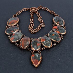 Bloodstone Necklace, Natural Bloodstone Gemstone Handmade Jewelry, Copper Electroformed Adjustable Chain Necklace Birthday & Wedding Gifts.