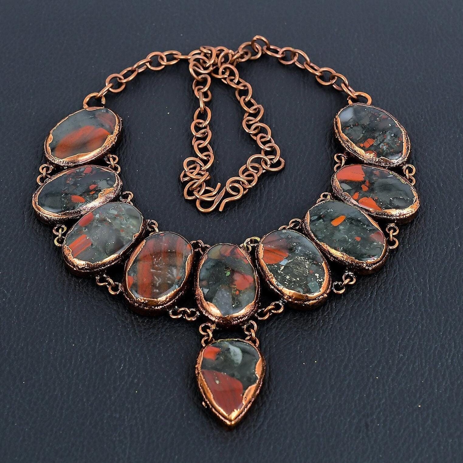 Bloodstone Necklace, Natural Bloodstone Gemstone Handmade Jewelry, Copper Electroformed Adjustable Chain Necklace Birthday & Wedding Gifts.