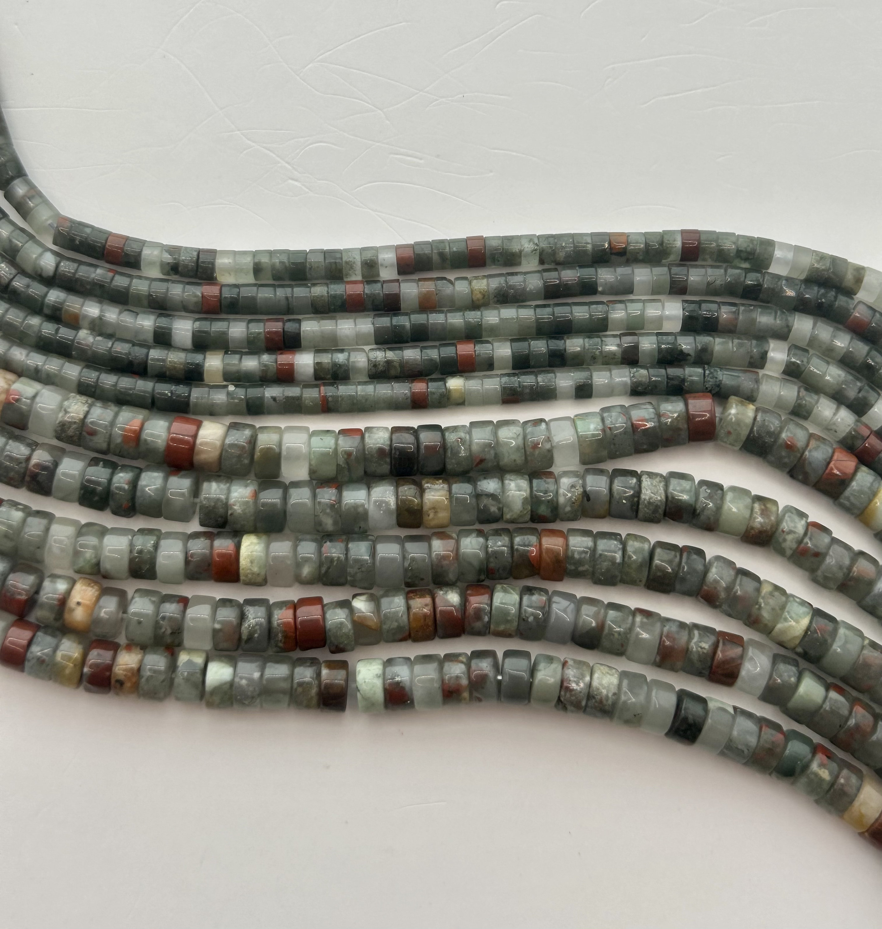 4mm And 6mm Heishi African Blood Stone Gemstone Beads. 15” Strand Of Green And Red Heishi Beads. Setonite. Mix Of Chalcedony And Jasper.