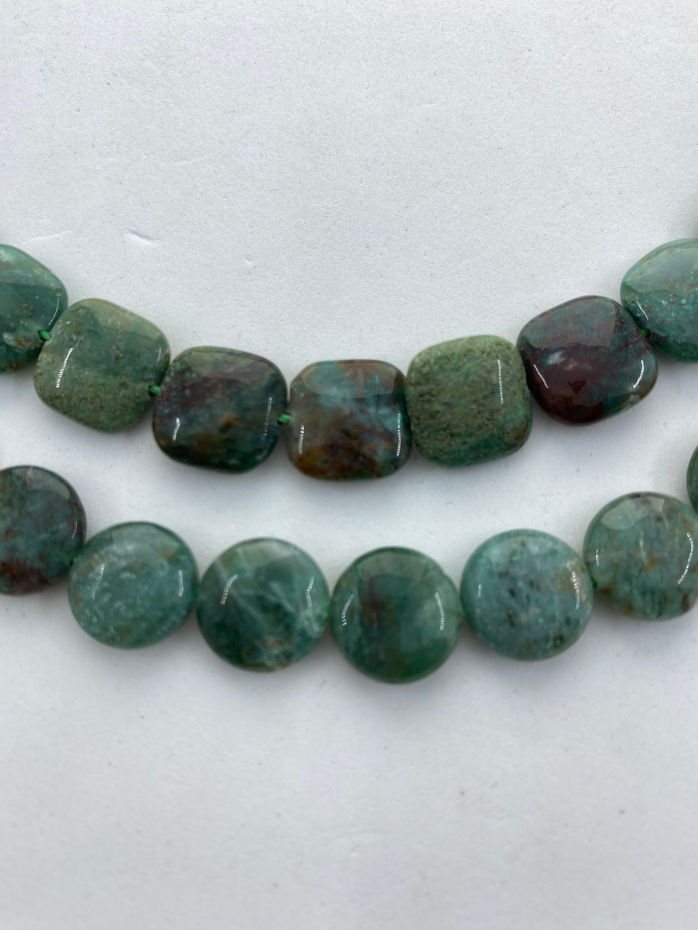 Blue Dragon Bloodstone Jasper Gemstone Beads, Available In 12mm Coin And 12mm Square. 15” Strand Of Blue-green Beads, About 32 Per Strand