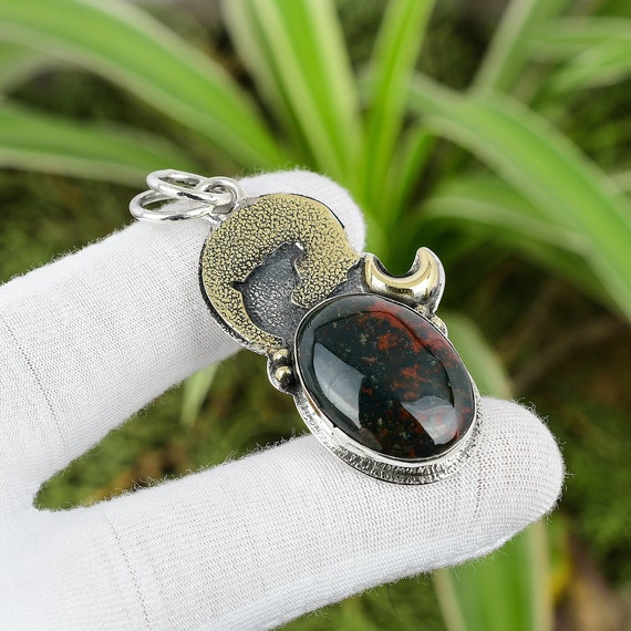Bloodstone Pendant: 925 Sterling Silver, 18k Gold Plated, Handmade Boho Jewelry Bloodstone Pendant: 925 Sterling Silver, 18k Gold Plated, Handmade Boho Jewelry