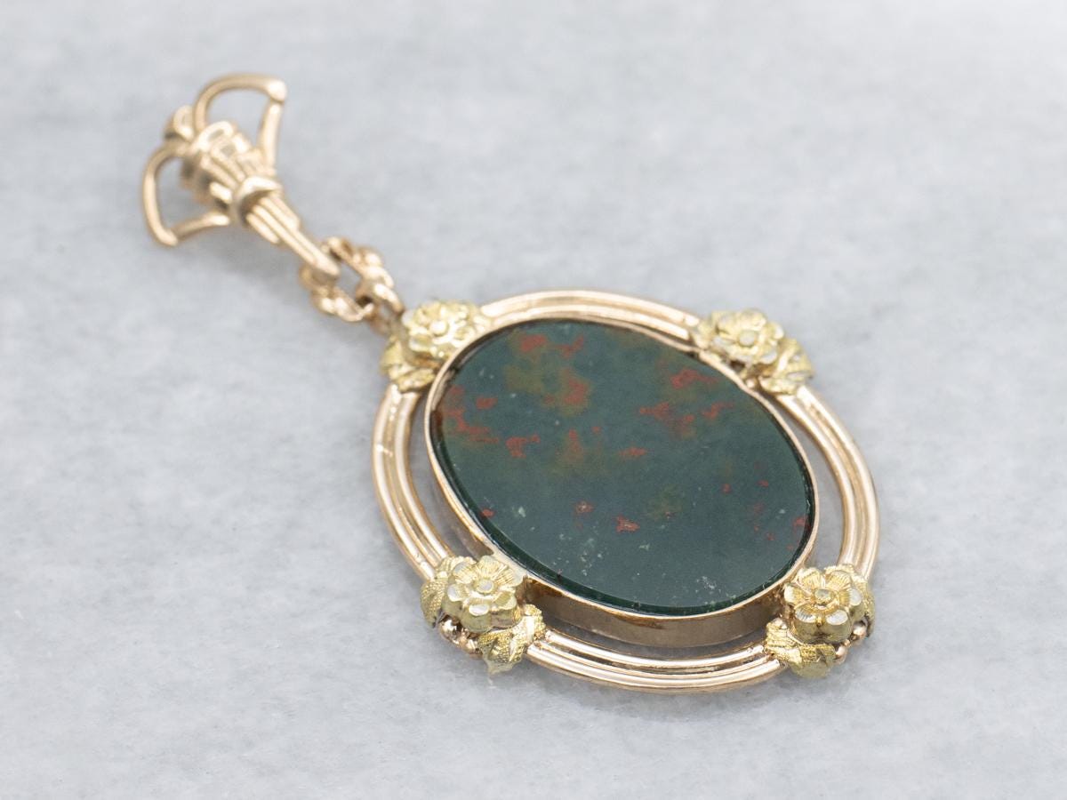 Bloodstone Cabochon In Vintage Floral Yellow Gold Pendant Setting