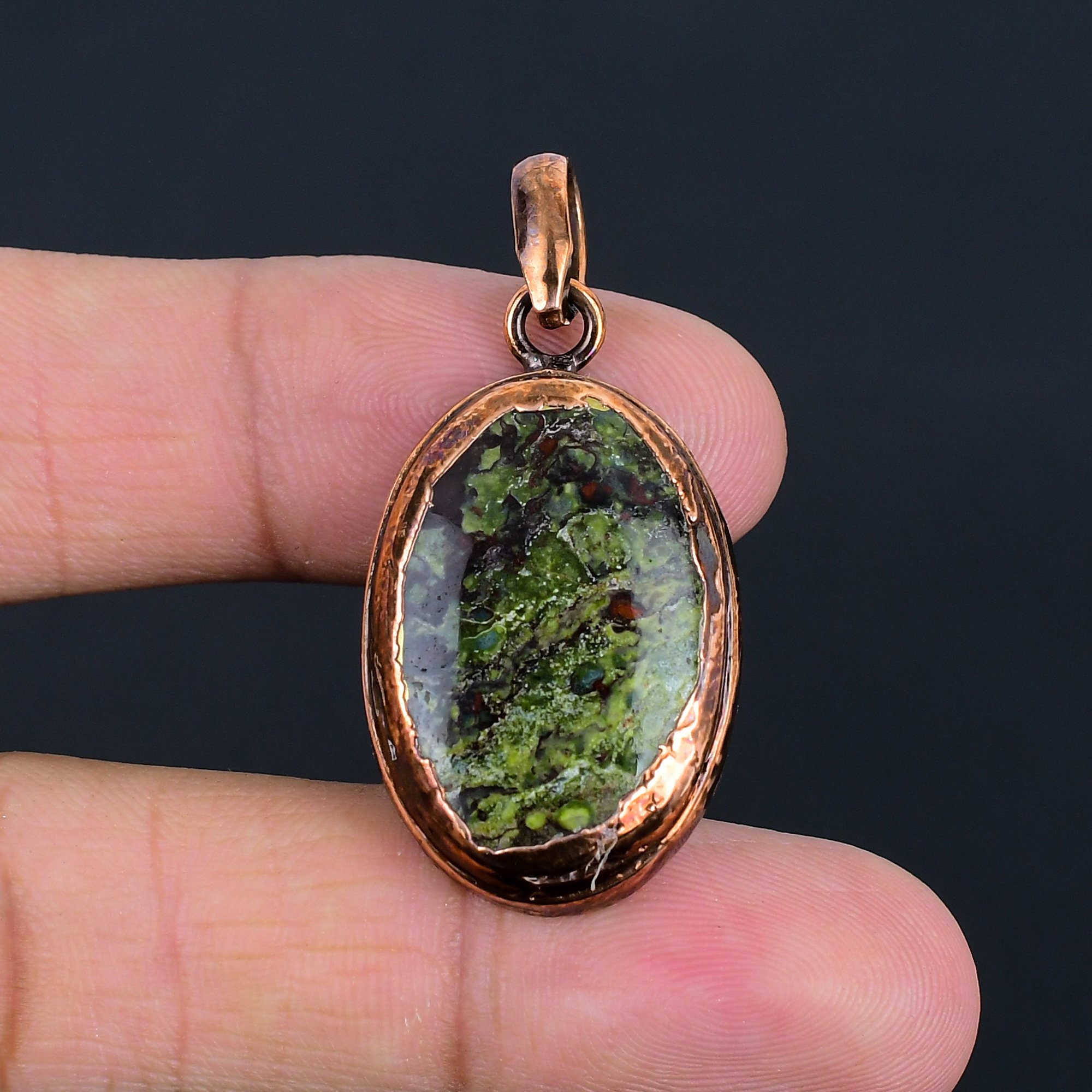 Electroformed Copper Dragon Bloodstone Pendant: Handmade Oval Gemstone Jewelry