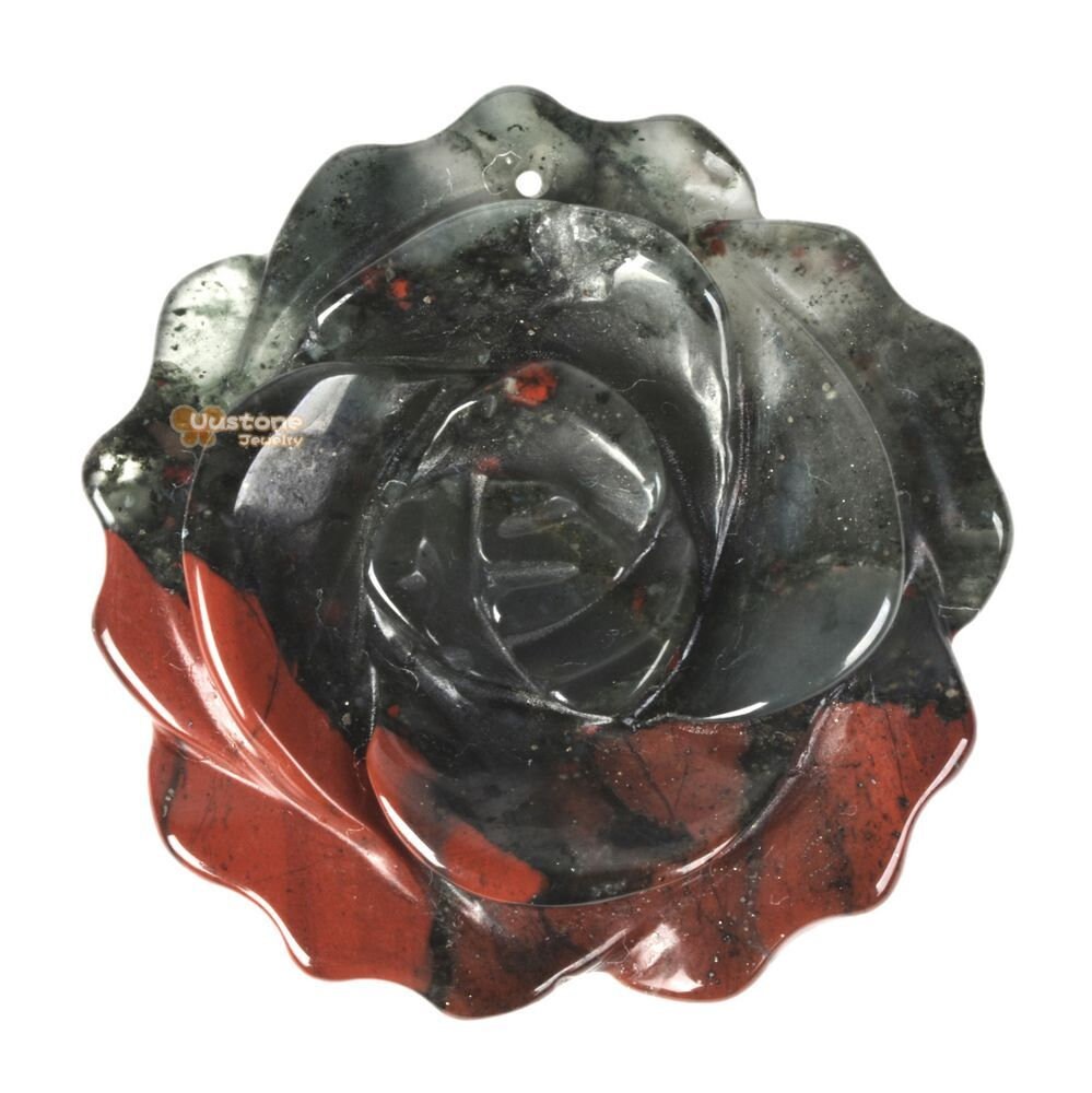 G2567.10 35mm Natural African Bloodstone Carved Flower Pendant Bead Jewellery Making