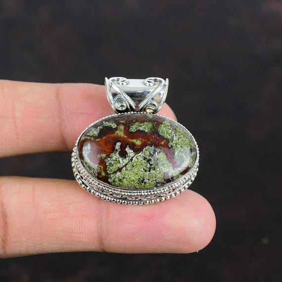Handmade Dragon Bloodstone Pendant: 925 Sterling Silver Vintage Jewelry