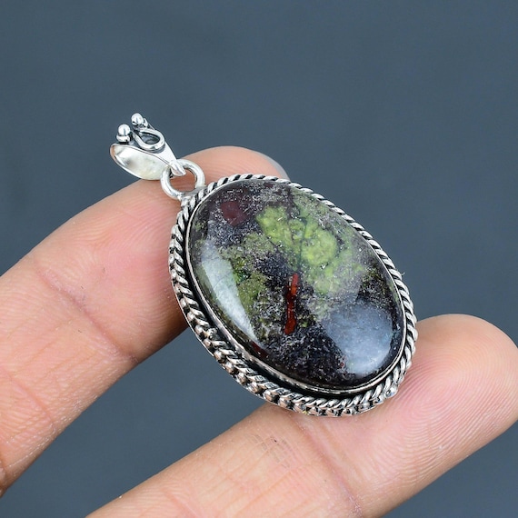 Handmade Dragon Bloodstone Pendant: Oval Sterling Silver Gemstone Jewelry
