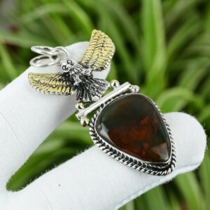 Handmade Bloodstone Owl Pendant: 925 Sterling Silver, 18K Gold Plated Handmade Bloodstone Owl Pendant: 925 Sterling Silver, 18K Gold Plated