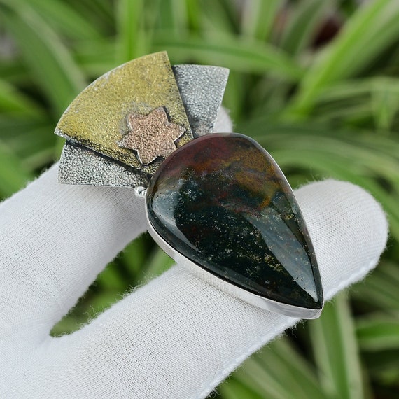 Handmade Pear Bloodstone Pendant: 925 Sterling Silver, Gold & Rose Gold Plated