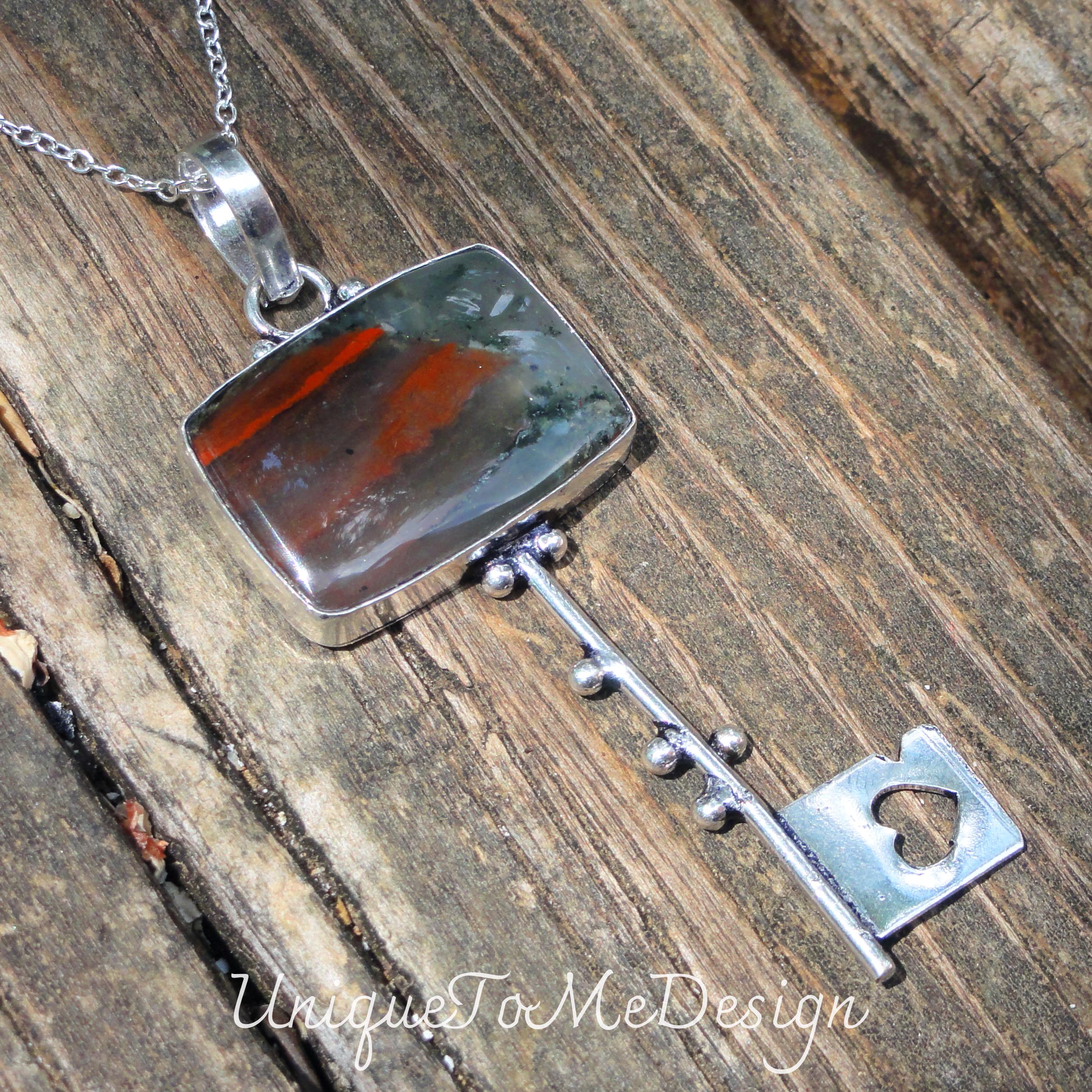 Handmade Sterling Silver Bloodstone Key Pendant Necklace