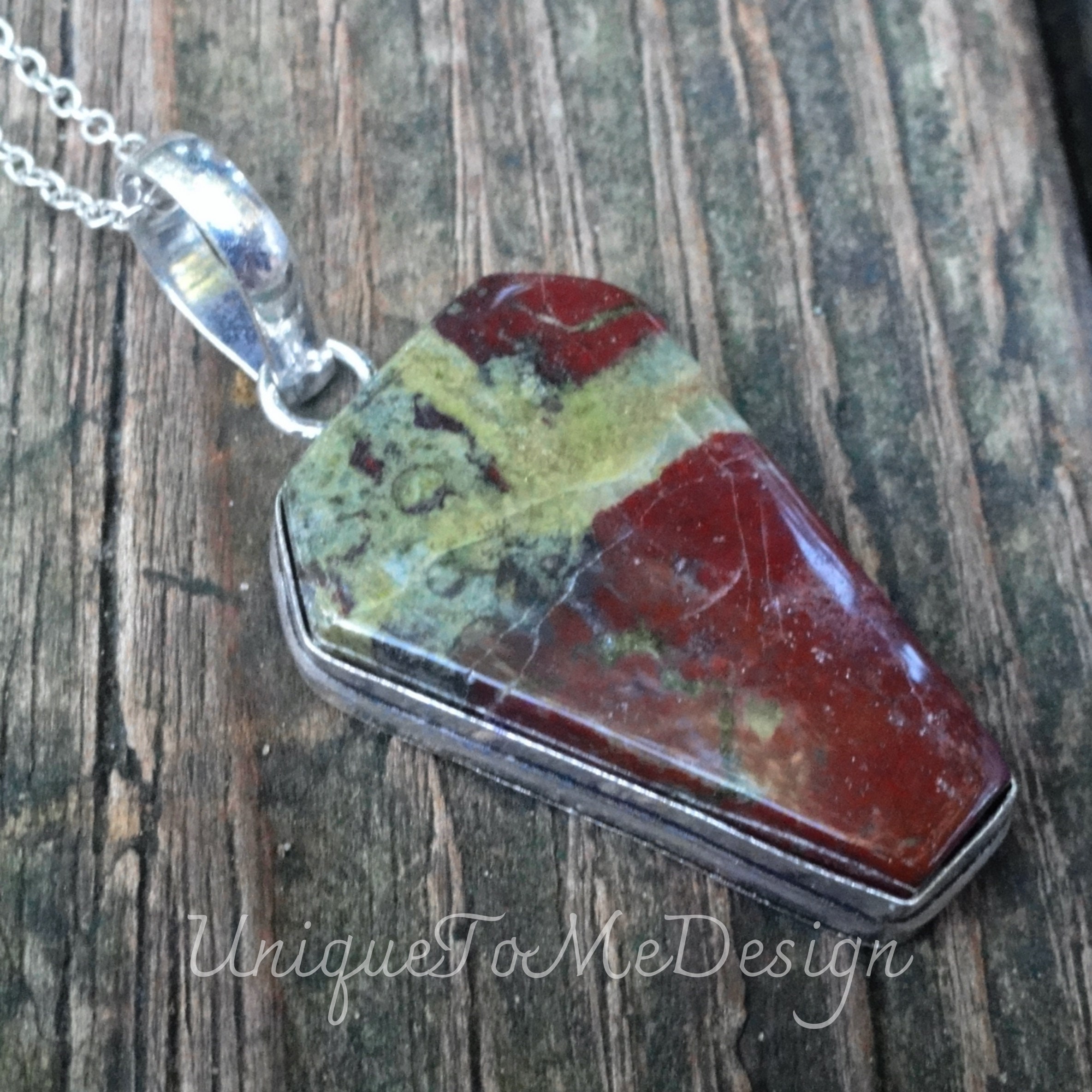 Handmade Sterling Silver Bloodstone Coffin Pendant Necklace