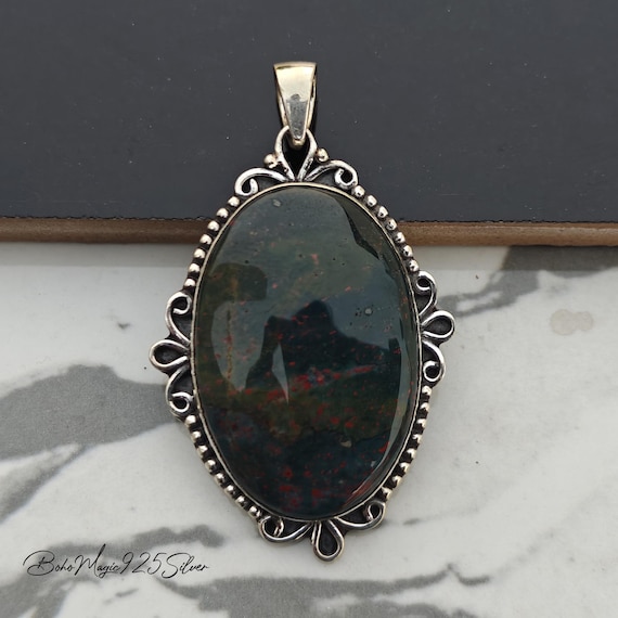 Handmade Bloodstone Pendant: Sterling Silver Gemstone Necklace Handmade Bloodstone Pendant: Sterling Silver Gemstone Necklace