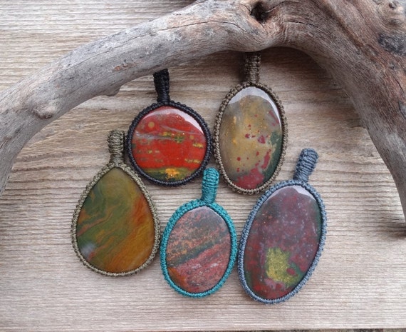 Large Bloodstone Necklace, Natural Bloodstone Pendant Necklace, Handmade Necklace, Macrame Stone Necklace, Green Stone Necklace, Spiritual