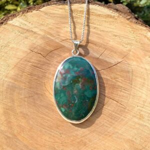 Large Stone Silver Pendant, Bloodstone Statement Necklace, Oval Green Gemstone, Gift For Wife Large Stone Silver Pendant, Bloodstone Statement Necklace, Oval Green Gemstone, Gift For Wife