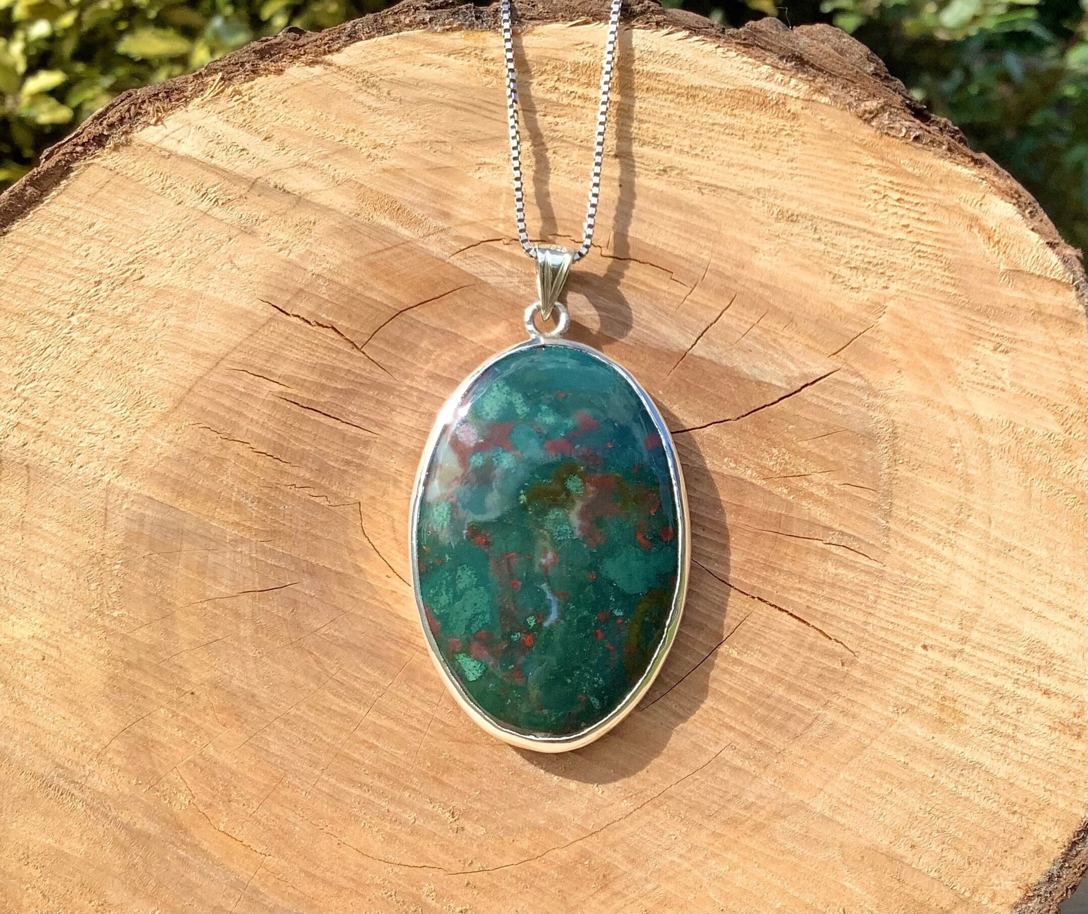 Large Stone Silver Pendant, Bloodstone Statement Necklace, Oval Green Gemstone, Gift For Wife