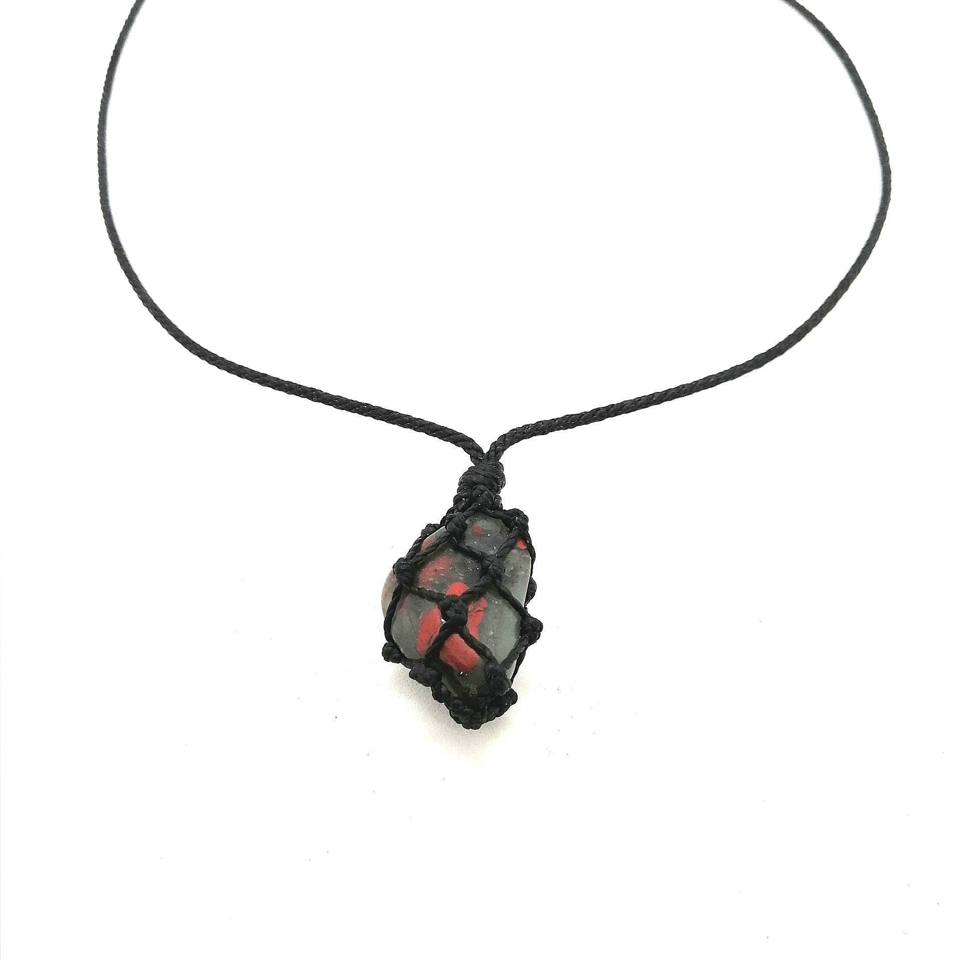 Bloodstone Macrame Necklace, Seftonite Pendant, Unisex Design