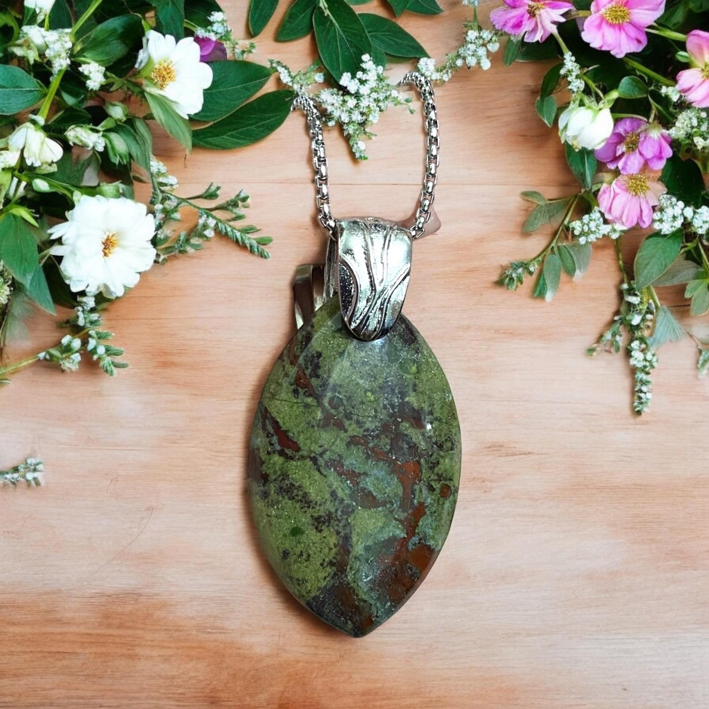 Marquise Dragon Bloodstone Pendant: Stainless Steel Chain, Healing Stone