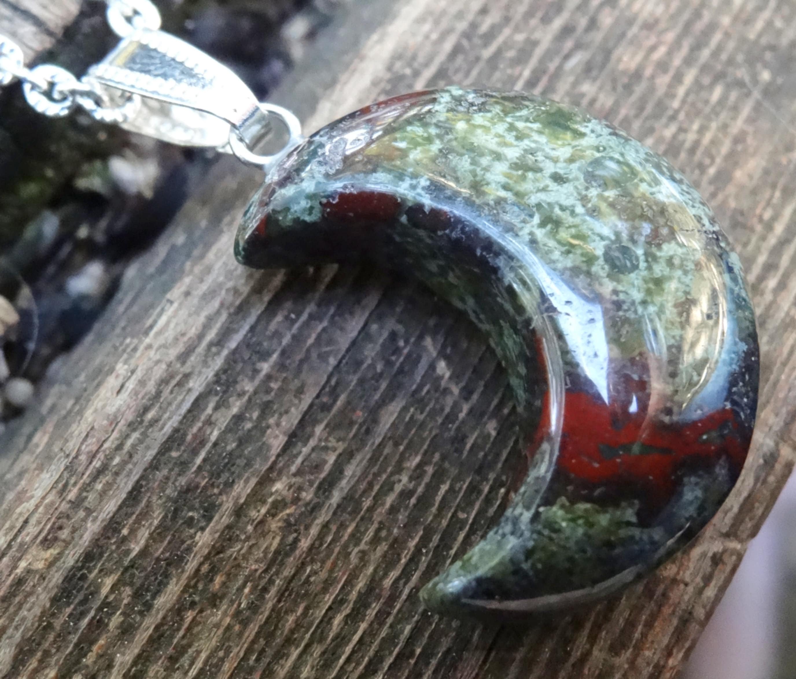 Bloodstone Moon Pendant: Natural Stone Sterling Silver Necklace