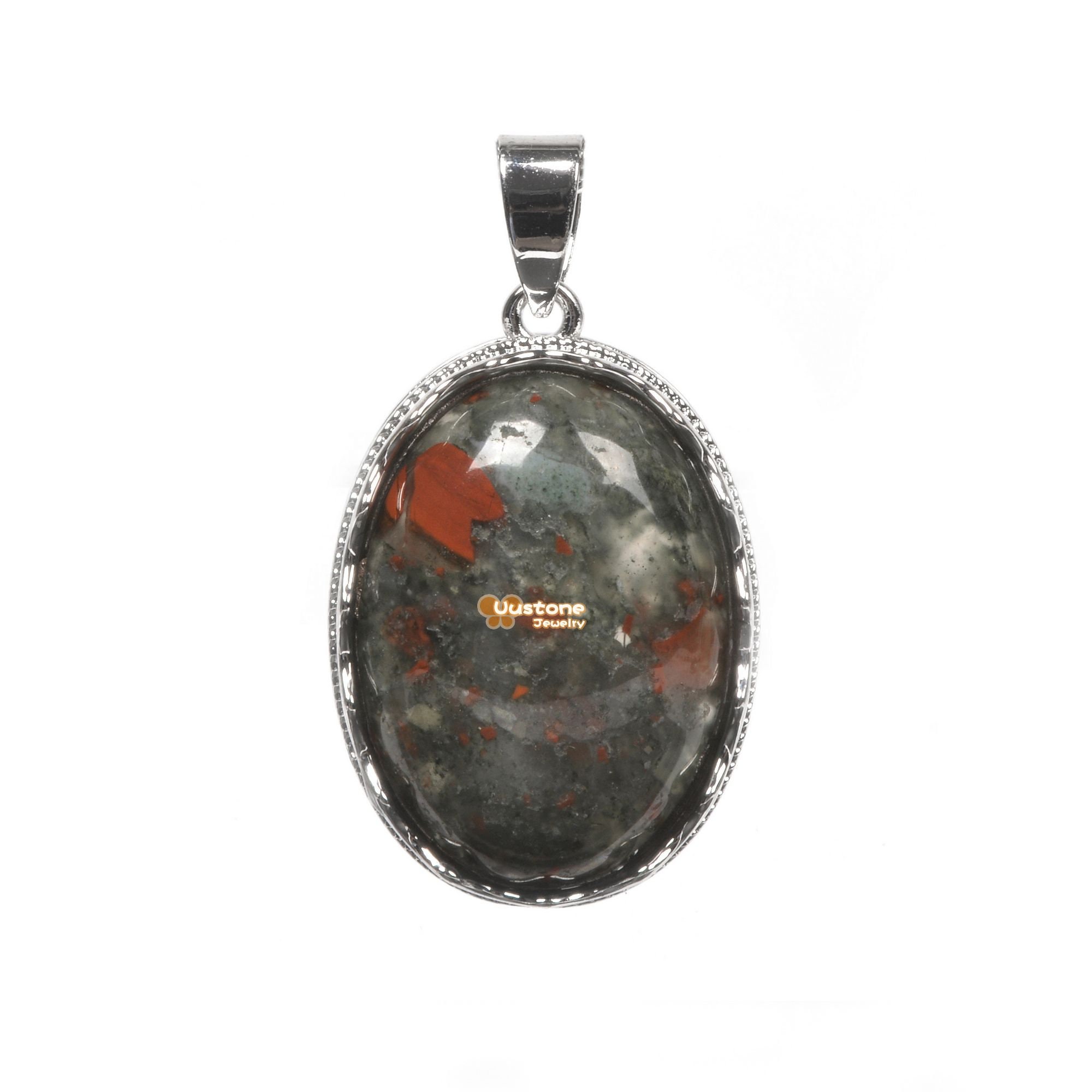 Natural African Bloodstone Gemstone Smooth Cab Crystal Pendant Copper Plating Silver Oval Pendant
