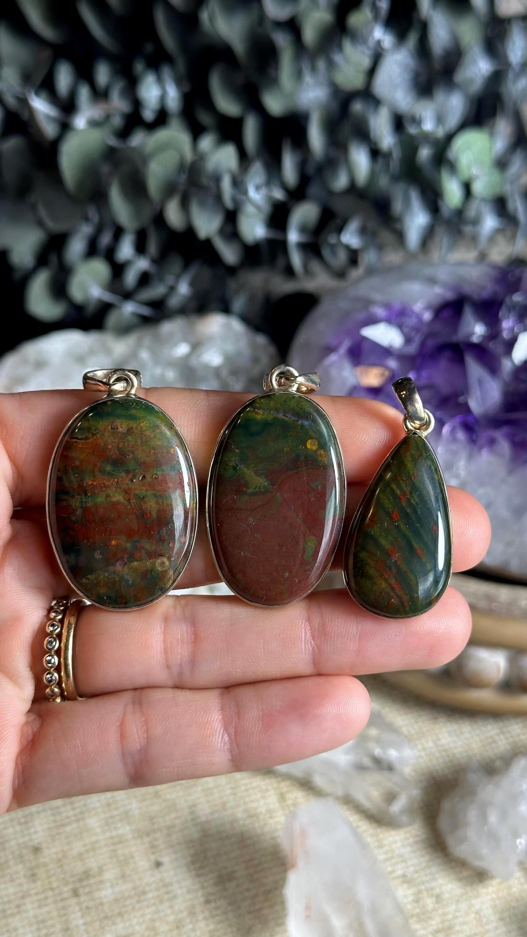 Bloodstone Pendant Necklace, .925 Sterling Silver, Teardrop, Oval