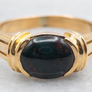 18K Yellow Gold Bloodstone Ring, Unisex Cabochon Ring