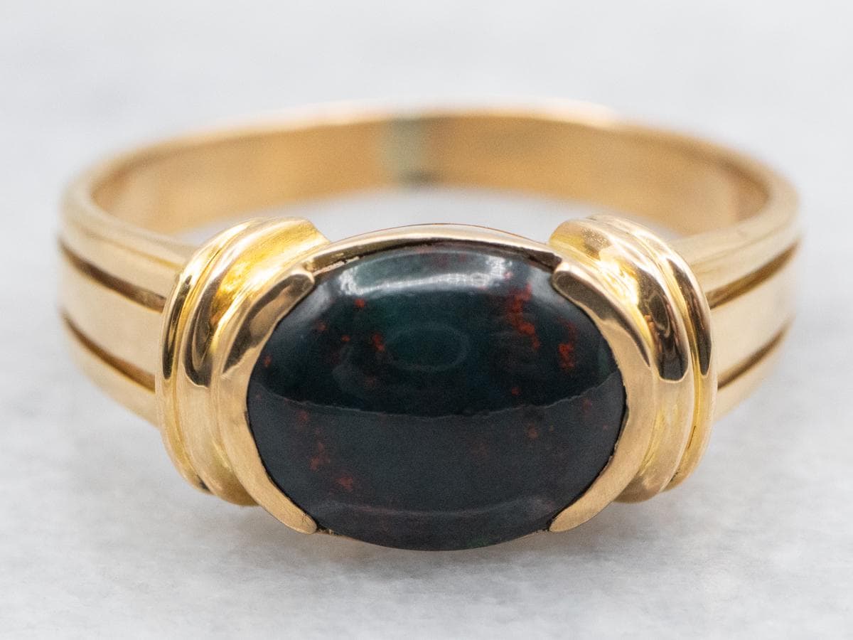 18k Yellow Gold Bloodstone Ring, Unisex Cabochon Ring