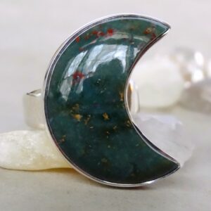 925 - Large Crescent Moon Bloodstone Ring Size 7, Sterling Silver Bloodstone Statement Moon Ring 7, Celestial Sterling Silver Ring 7