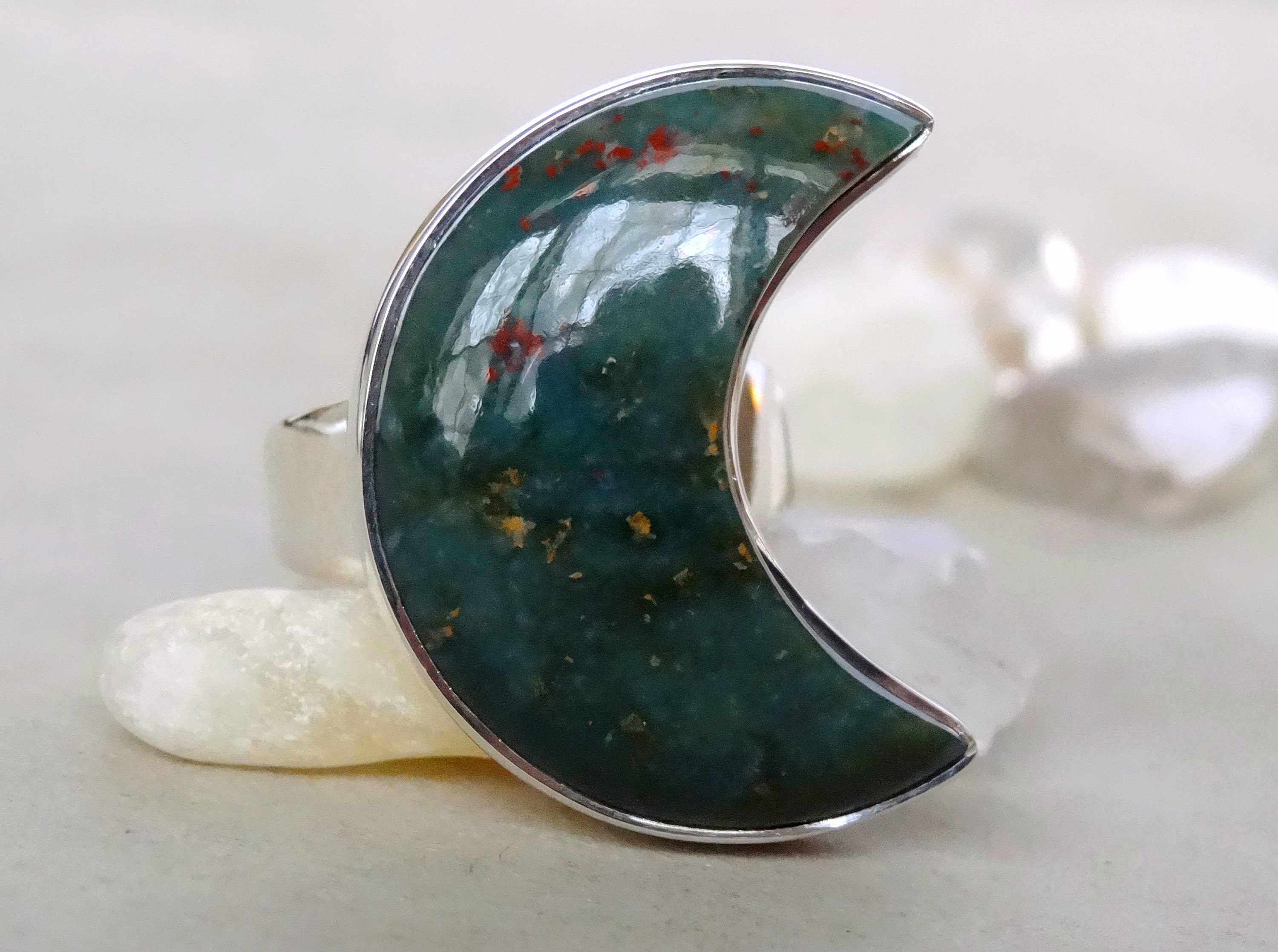 925 - Large Crescent Moon Bloodstone Ring Size 7, Sterling Silver Bloodstone Statement Moon Ring 7, Celestial Sterling Silver Ring 7