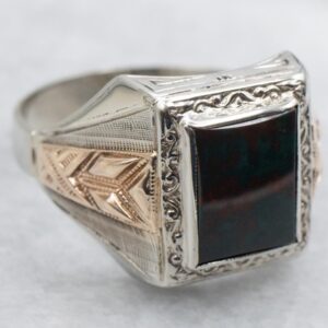Antique Two Tone Gold Bloodstone Ring, Art Deco Estate Jewelry