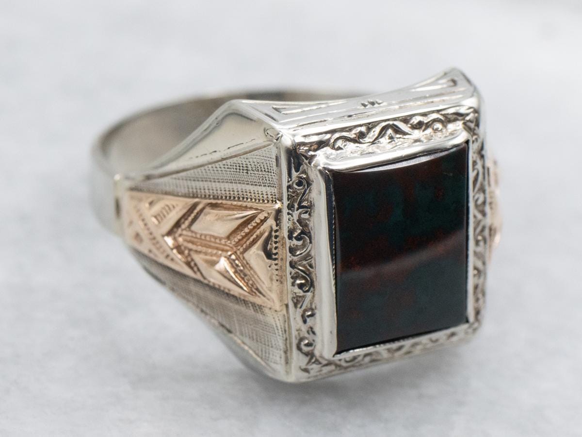 Antique Two Tone Gold Bloodstone Ring, Art Deco Estate Jewelry Antique Two Tone Gold Bloodstone Ring, Art Deco Estate Jewelry