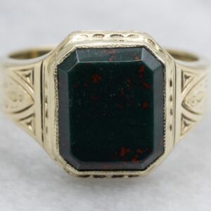 Antique Unisex Bloodstone Ring, 14K Yellow Gold Solitaire