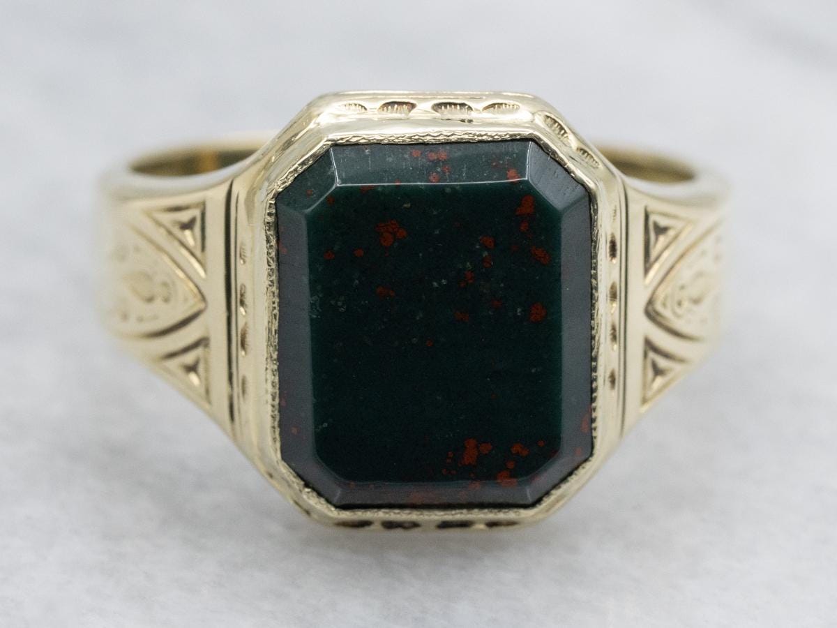 Antique Unisex Bloodstone Ring, 14k Yellow Gold Solitaire