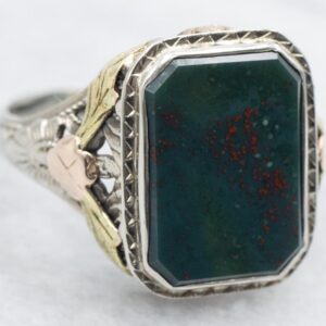 Art Deco Bloodstone Ring, 14K Tri-Color Gold Floral Filigree