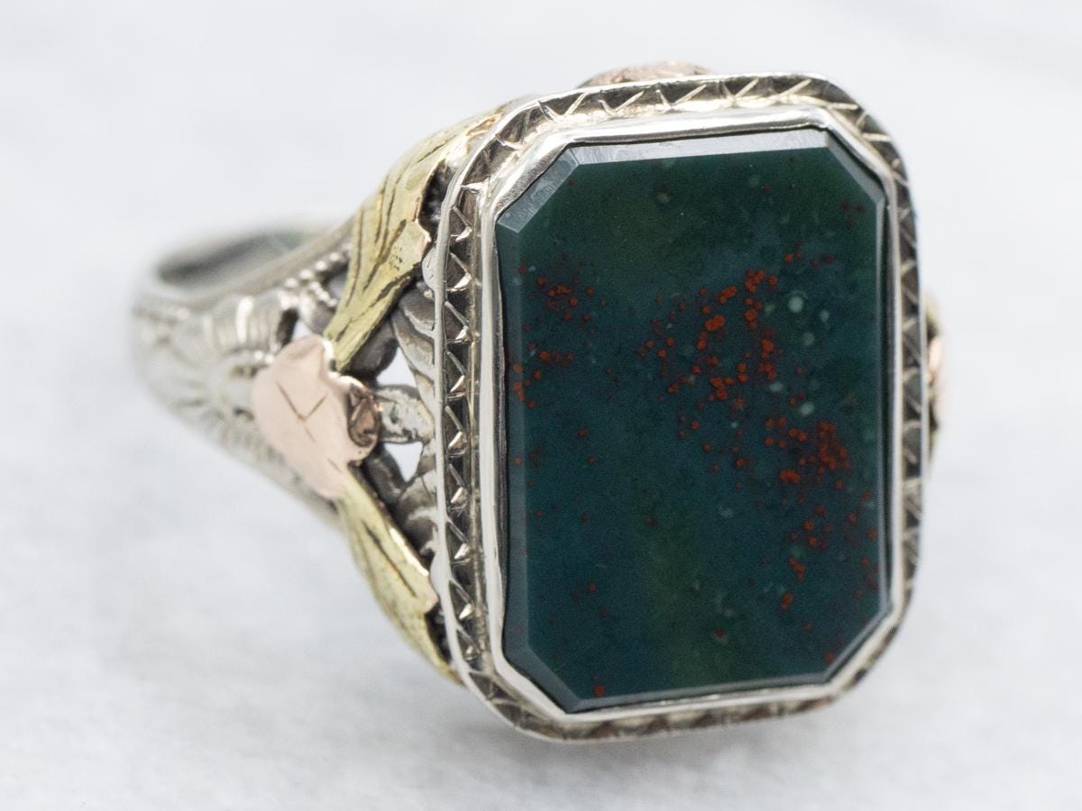 Art Deco Bloodstone Ring, 14k Tri-color Gold Floral Filigree