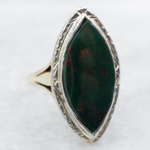 Art Deco Bloodstone Ring, 14K Gold Marquise Cabochon