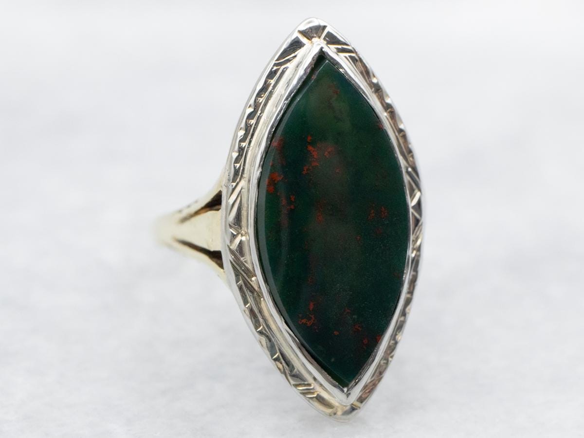 Art Deco Bloodstone Ring, 14k Gold Marquise Cabochon