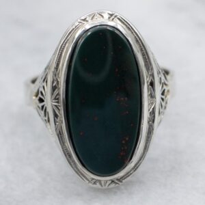 Art Deco Bloodstone Ring, 14K White Gold Filigree