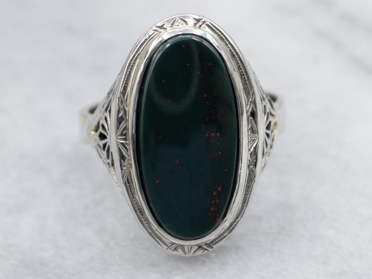 Art Deco Bloodstone Ring, 14k White Gold Filigree