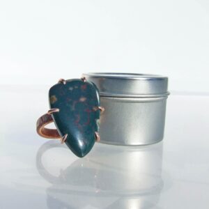 Green Bloodstone Ring, Copper size 9, Modernist Minimalist Large stone