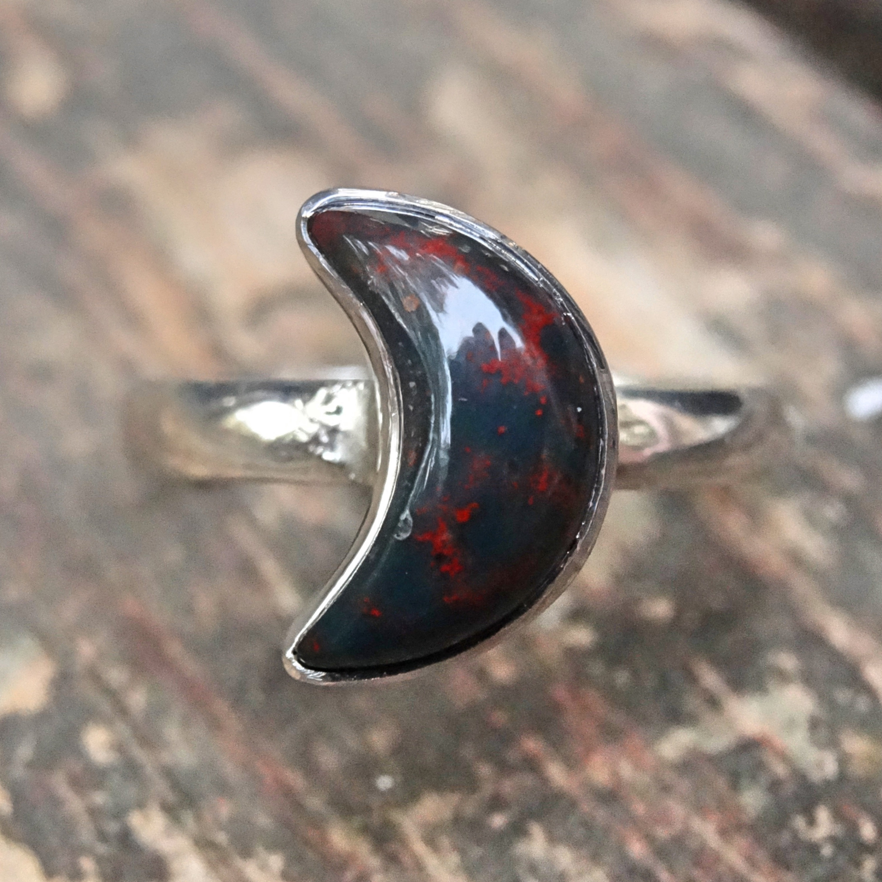 Handmade Dragon Bloodstone Ring: Sterling Silver Crescent Moon Jewelry Handmade Dragon Bloodstone Ring: Sterling Silver Crescent Moon Jewelry