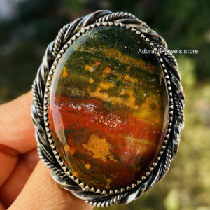 Handmade Bloodstone Statement Ring: Solid 925 Sterling Silver