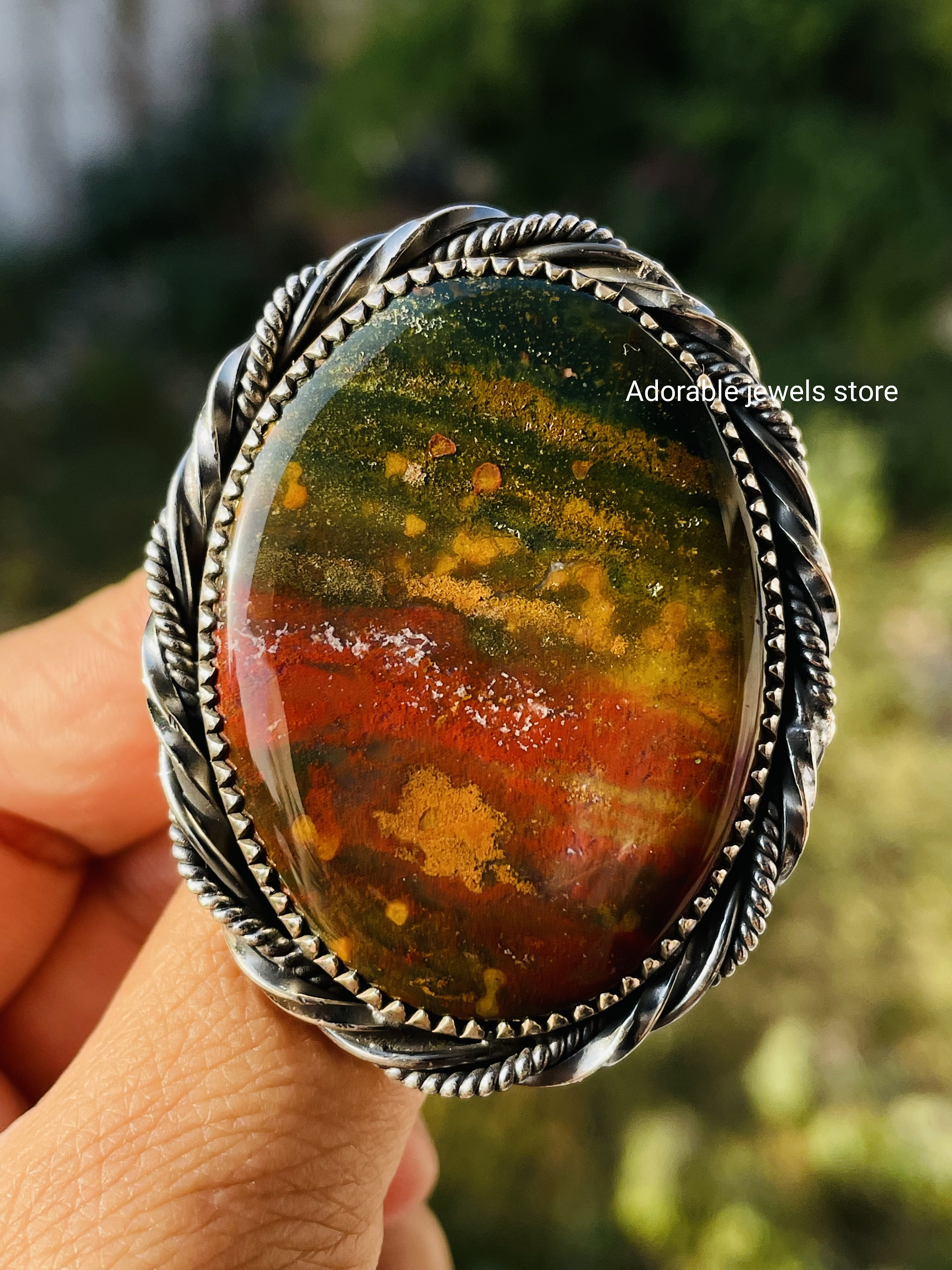 Handmade Bloodstone Statement Ring: Solid 925 Sterling Silver