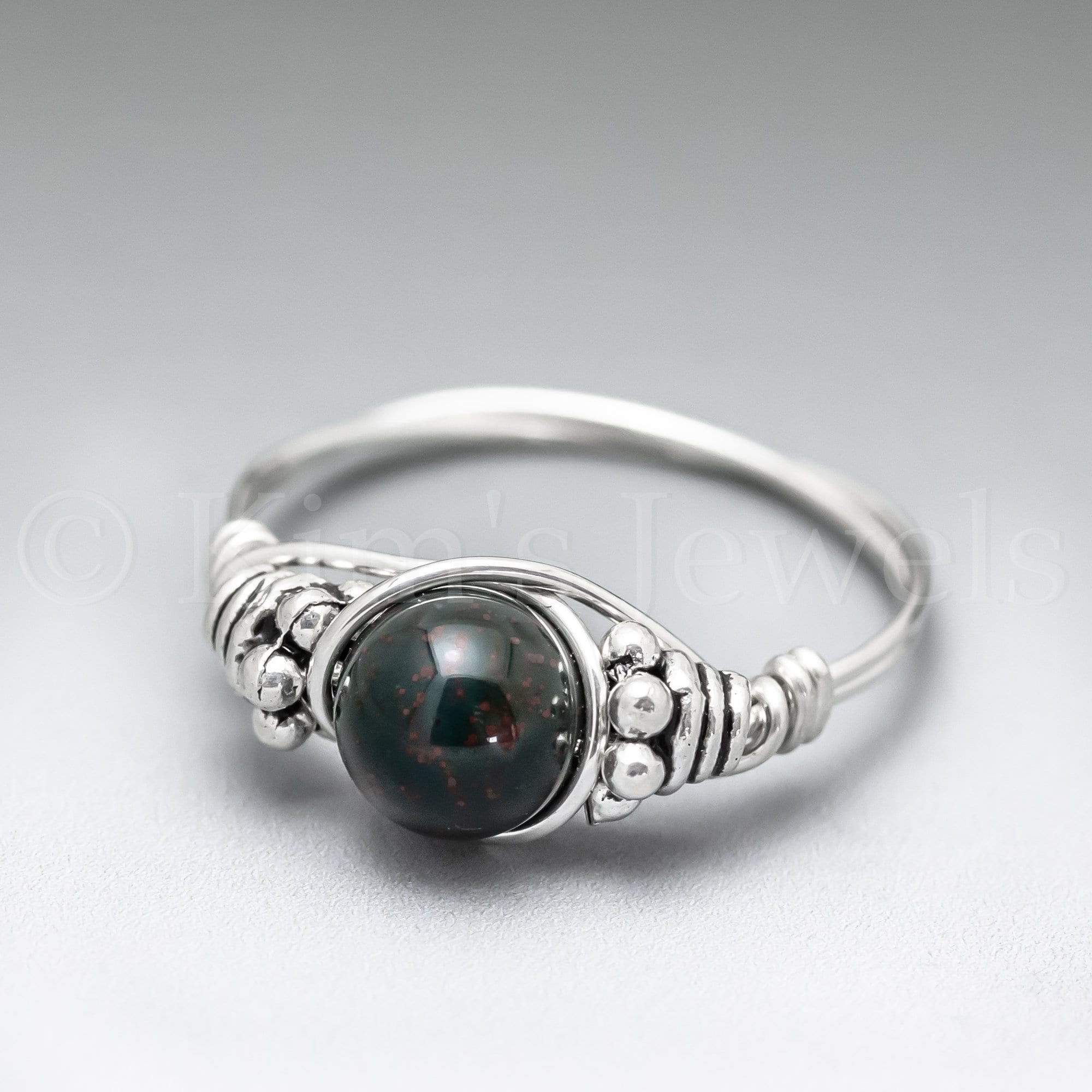 Bloodstone Heliotrope Bali Sterling Silver Wire Wrapped Gemstone Bead Ring - Made To Order
