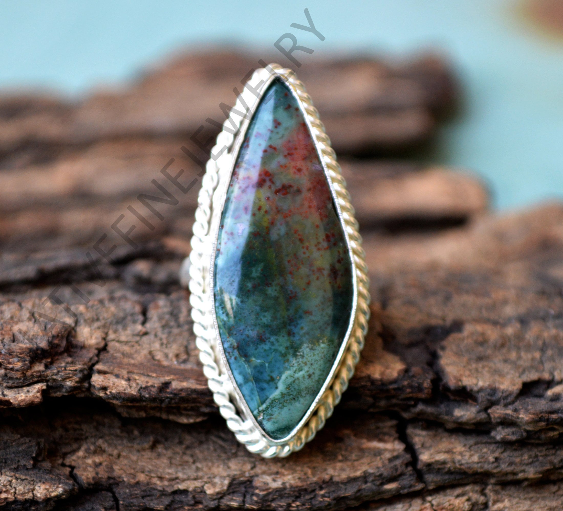 Bloodstone Jasper Ring: Large 925 Sterling Silver Designer Ring