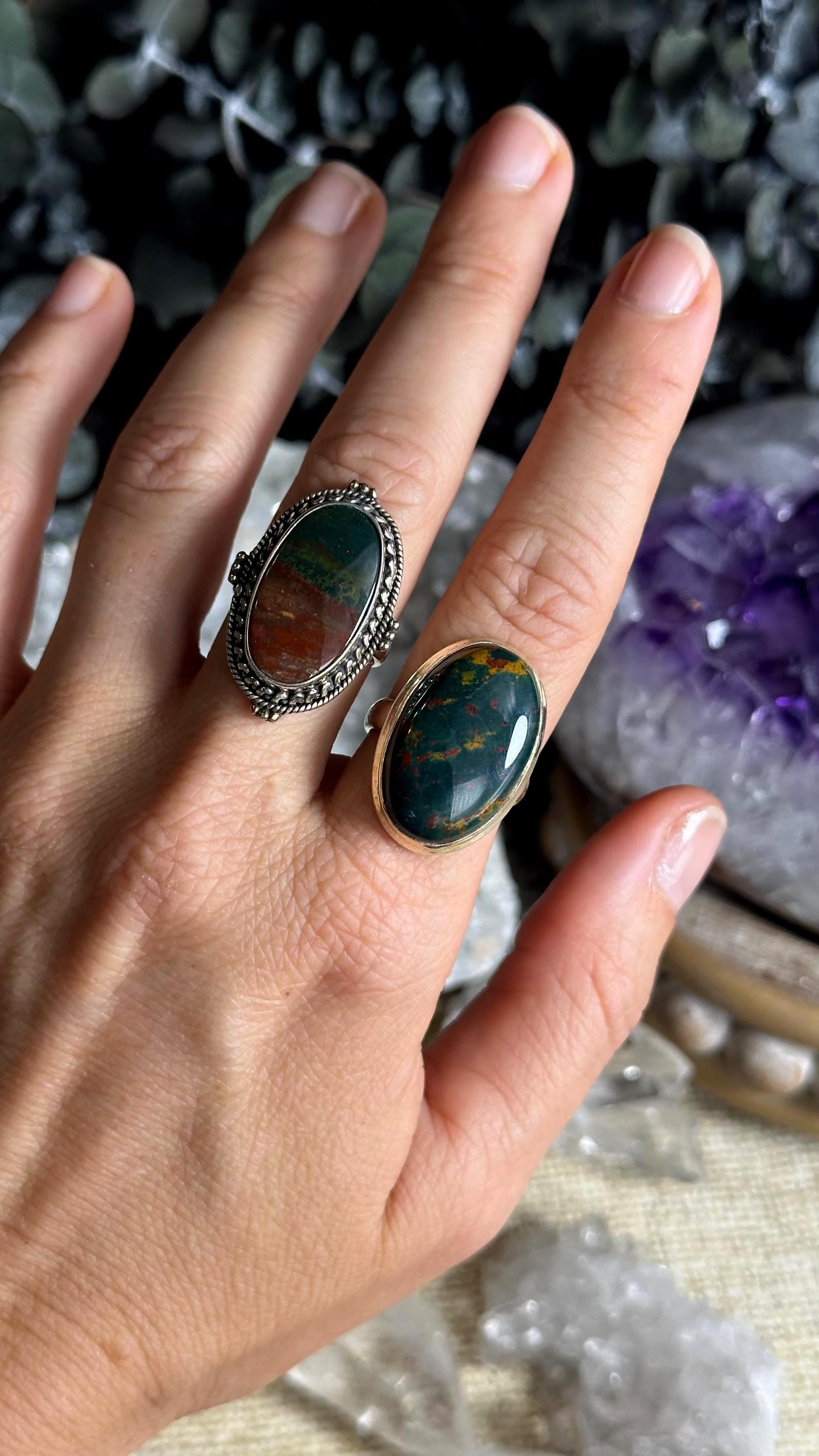 Large Bloodstone Ring, .925 Sterling Silver, Green And Red Bloodstone, Statement, Fitted Large Bloodstone Ring, .925 Sterling Silver, Green And Red Bloodstone, Statement, Fitted