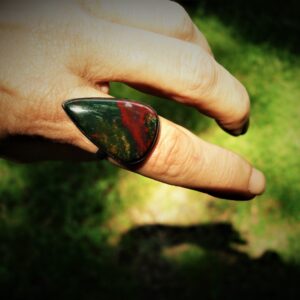 Bloodstone Large Triangle Teardrop Oxidized Sterling Silver Ring In A Size 9 1 / 4